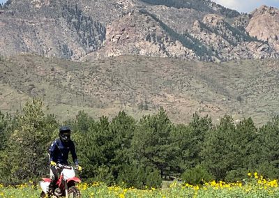 Image of a lone dirtbiker in a meadow of late summer flowers with a mountain in the background.